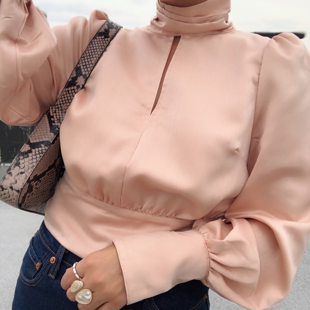 Kelis Satin High Neck Puff Sleeve Blouse - Peach - Picture 3 of 8